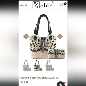Zelris Black and Cream Tooled Tote and Wallet Set